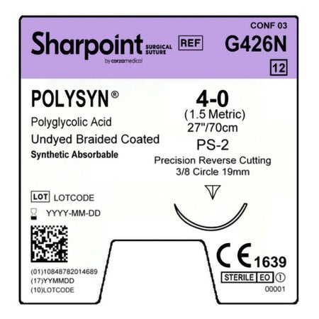Absorbable Suture with Needle PolySyn™ Polyglycolic Acid PS-2 3/8 Circle Precision Reverse Cutting Needle Size 4-0 Braided