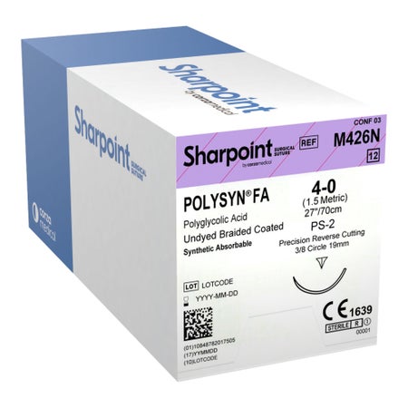 Absorbable Suture with Needle PolySyn FA™ Polyglycolic Acid PS-2 3/8 Circle Precision Reverse Cutting Needle Size 4-0 Braided