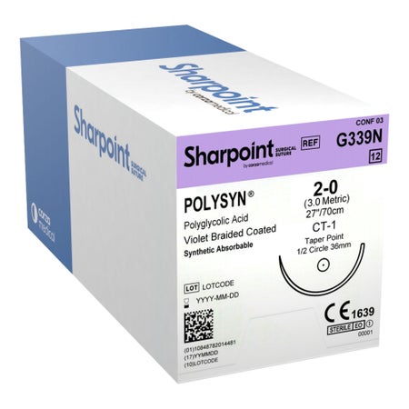 Absorbable Suture with Needle PolySyn™ Polyglycolic Acid T-8 1/2 Circle Taper Point Needle Size 2-0 Braided