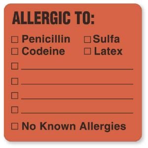 Pre-Printed Label UAL™ Allergy Alert Fluorescent Red Paper Allergic To, Penicillin Sulfa Codeine Latex No Known Allergies Black Alert Label 1-1/2 X 1-1/2 Inch